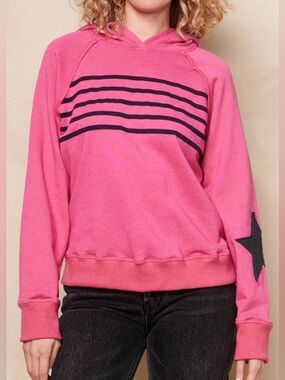 Sundry Pink Hooded Sweatshirt with Navy Stripes & Star on Sleeve NWT